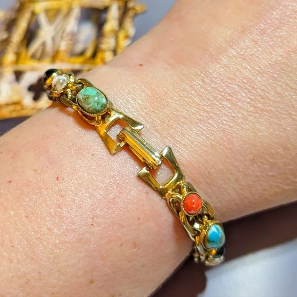 Vintage Art Glass Cabochon Heavy Chain Bracelet - Picture 3 of 7